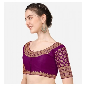 Generic Women's Silk Embroidery Coding Round Neck Short Sleeve Readymade Blouse (Purple, Free Size)