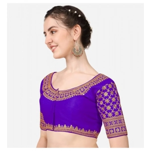 Generic Women's Silk Embroidery Coding Round Neck Short Sleeve Readymade Blouse (Blue, Free Size)