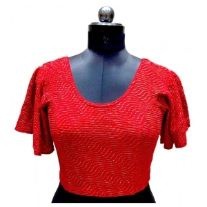 Generic Women's Lycra  Printed Round Neck Flared Sleeves Readymade Blouse (Red, Free Size)
