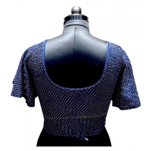 Generic Women's Lycra  Printed Round Neck Flared Sleeves Readymade Blouse (Navy Blue, Free Size)