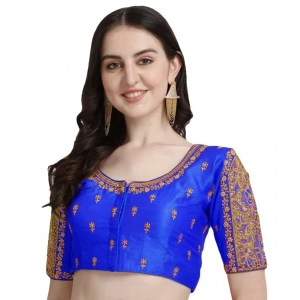 Generic Women's Phantom Silk Woven Round Neck Short Sleeve Readymade Blouse (Royal Blue, Free Size)