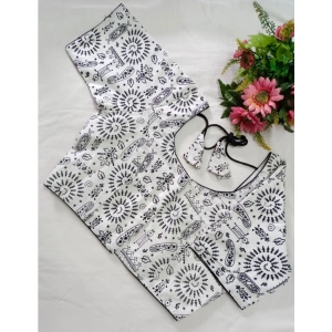 Generic Women's Cotton Printed Round Neck Short Sleeve Readymade Blouse (White-Blk, Free Size)