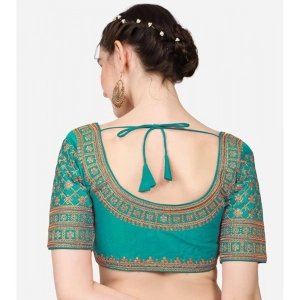 Generic Women's Silk Embroidery Coding Round Neck Short Sleeve Readymade Blouse (Sky Blue, Free Size)