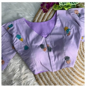 Generic Women's Khadi Cotton Embroidery V Neck Short Sleeve Readymade Blouse (Lavender, Free Size)