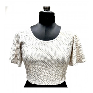 Generic Women's Lycra  Printed Round Neck Flared Sleeves Readymade Blouse (White, Free Size)