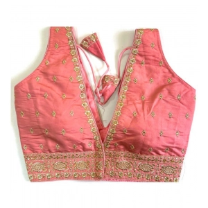 Generic Women's Silk Thread work V Neck Sleeve Less Readymade Blouse (Peach, Free Size)