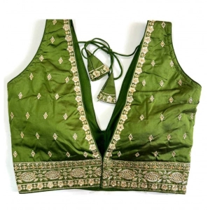 Generic Women's Silk Thread work V Neck Sleeve Less Readymade Blouse (Mehendi, Free Size)