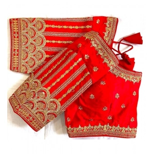 Generic Women's Phantom Silk Embroidery Round Neck Short Sleeve Readymade Blouse (Red, Free Size)