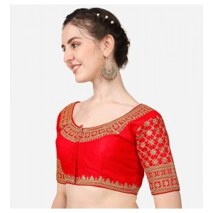 Generic Women's Silk Embroidery Coding Round Neck Short Sleeve Readymade Blouse (Red, Free Size)
