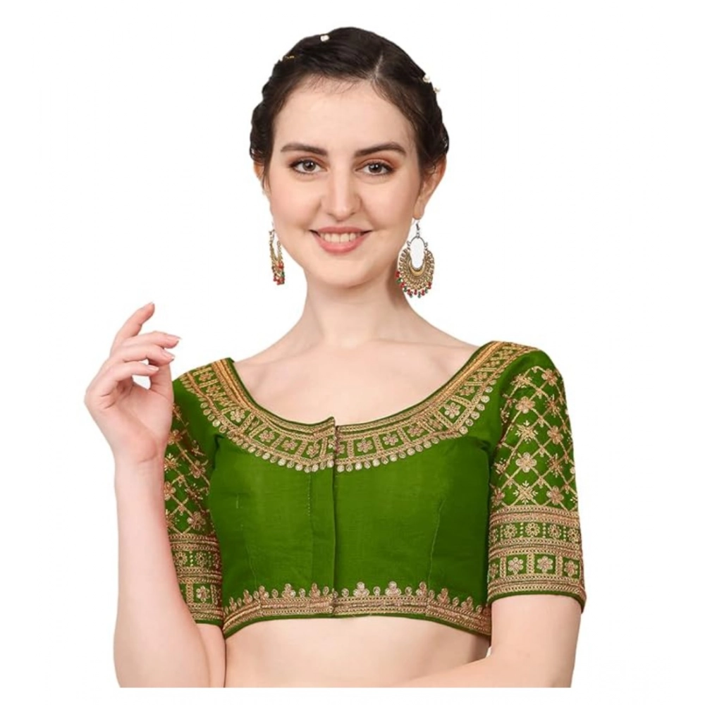Generic Women's Silk Embroidery Coding Round Neck Short Sleeve Readymade Blouse (Light Green, Free Size)