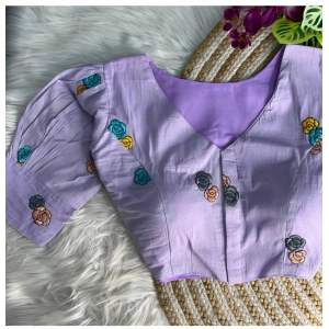 Generic Women's Khadi Cotton Embroidery V Neck Short Sleeve Readymade Blouse (Lavender, Free Size)
