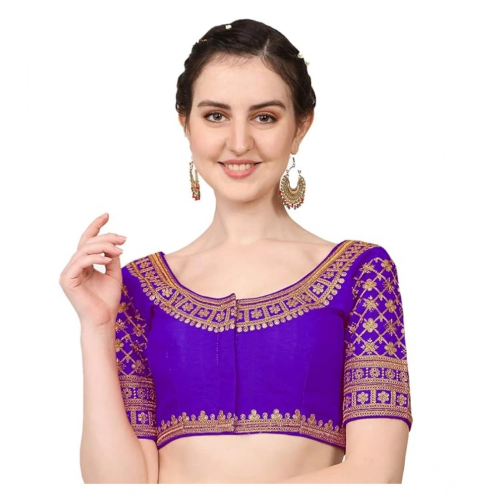 Generic Women's Silk Embroidery Coding Round Neck Short Sleeve Readymade Blouse (Blue, Free Size)
