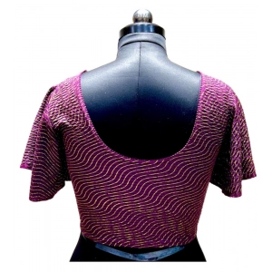 Generic Women's Lycra  Printed Round Neck Flared Sleeves Readymade Blouse (Wine, Free Size)