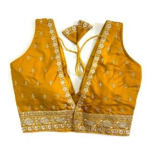 Generic Women's Silk Thread work V Neck Sleeve Less Readymade Blouse (Mustard, Free Size)