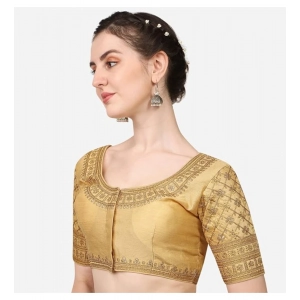 Generic Women's Silk Embroidery Coding Round Neck Short Sleeve Readymade Blouse (Golden, Free Size)