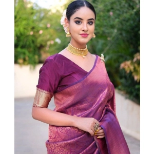 Generic Women's Banarasi Silk Woven Saree With Unstitched Blouse 5.5Mtr (Wine)