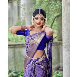 Generic Women's Banarasi Silk Woven Saree With Unstitched Blouse 5.5Mtr (Blue)