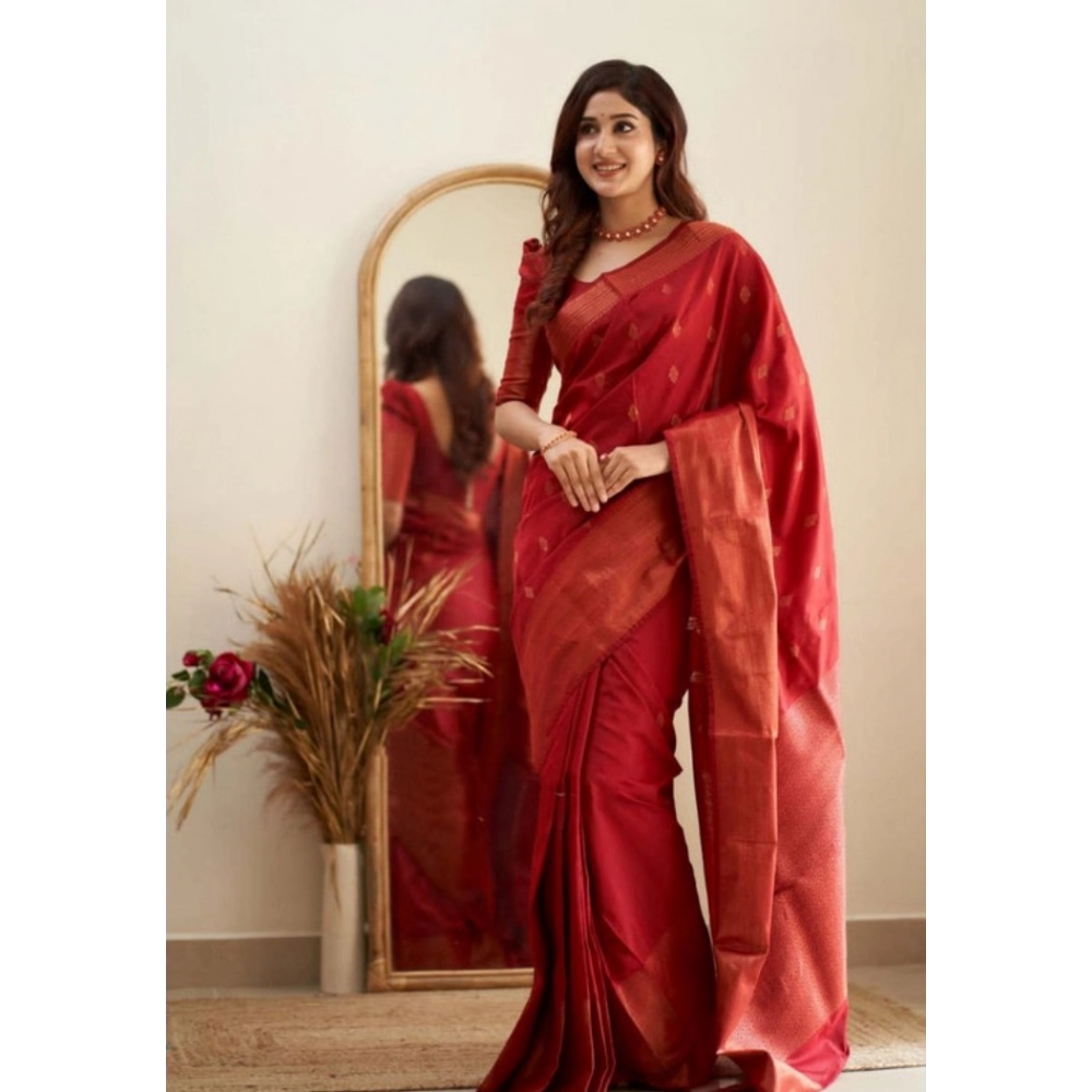 Generic Women's Banarasi Silk Woven Saree With Unstitched Blouse 5.5Mtr (Red)