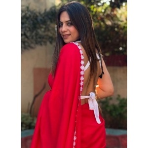 Generic Women's Gorgette Lace Border Saree With Unstitched Blouse 5.5Mtr (Red)