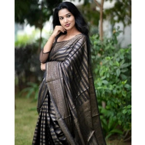 Generic Women's Banarasi Silk Woven Saree With Unstitched Blouse 5.5Mtr (Black)