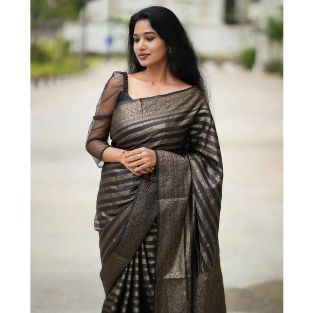 Generic Women's Banarasi Silk Woven Saree With Unstitched Blouse 5.5Mtr (Black)
