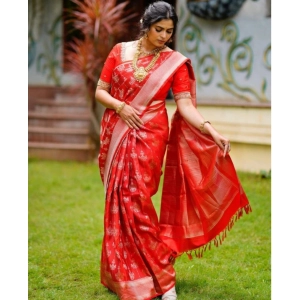 Generic Women's Banarasi Silk Woven Saree With Unstitched Blouse 5.5Mtr (Red)