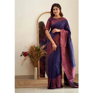 Generic Women's Banarasi Silk Woven Saree With Unstitched Blouse 5.5Mtr (Navy Blue)