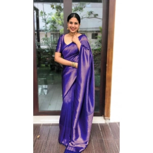 Generic Women's Banarasi Silk Woven Saree With Unstitched Blouse 5.5Mtr (Royal Blue)