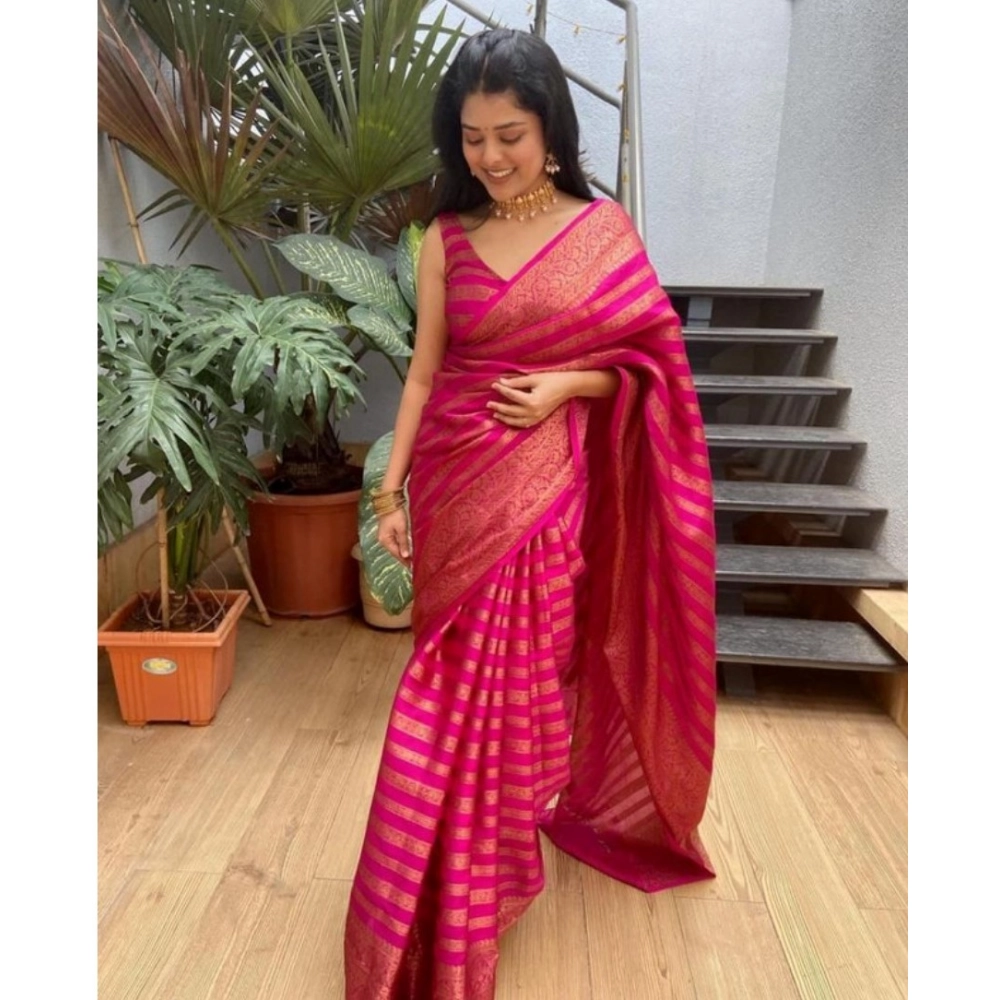 Generic Women's Banarasi Silk Woven Saree With Unstitched Blouse 5.5Mtr (Pink)