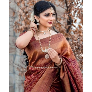 Generic Women's Banarasi Silk Woven Saree With Unstitched Blouse 5.5Mtr (Maroon)