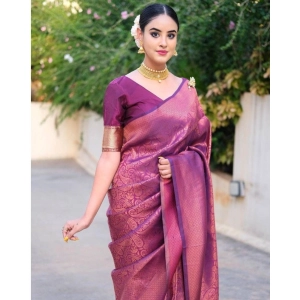 Generic Women's Banarasi Silk Woven Saree With Unstitched Blouse 5.5Mtr (Wine)