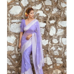 Generic Women's Cotton Printed Saree With Unstitched Blouse 5.5Mtr (Lavender)