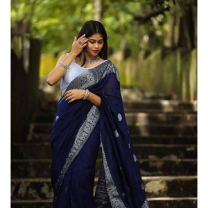 Generic Women's Banarasi Silk Woven Saree With Unstitched Blouse 5.5Mtr (Blue)