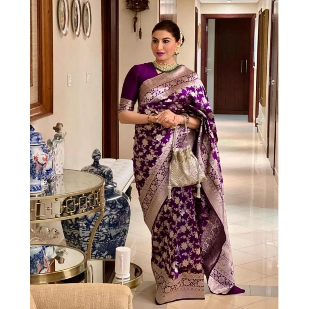 Generic Women's Banarasi Silk Woven Saree With Unstitched Blouse 5.5Mtr (Purple)