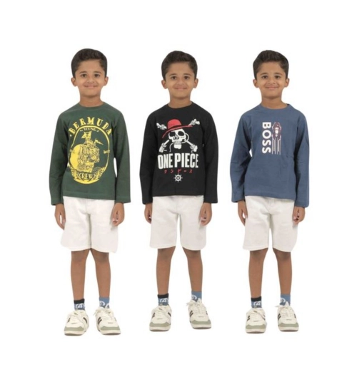 Pack of 3 Boy's Cotton Printed Full Sleeve T-Shirt's (Multicolor)