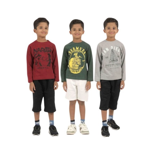 Pack of 3 Boy's Cotton Printed Full Sleeve T-Shirt's (Multicolor)