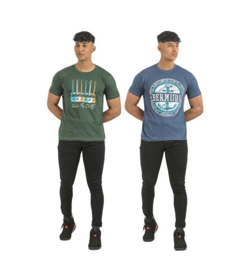 Pack of 2 Men's Casual Cotton Printed Short Sleeve Tshirts (Multicolor)