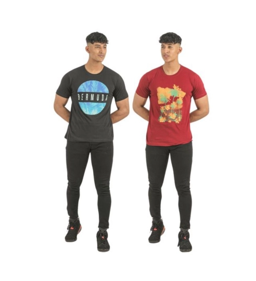 Pack of 2 Men's Casual Cotton Printed Short Sleeve Tshirts (Multicolor)