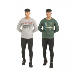 Pack of 2 Men's Casual Cotton Printed Full Sleeve Tshirts (Multicolor)