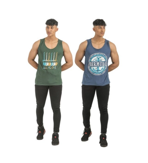 Pack of 2 Men's Casual Cotton Printed Sleeveless Sleeve Tshirts (Multicolor)