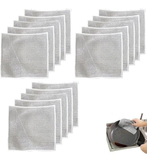 12Pcs Cotton Dishwashing Rag Wire Soft Scrubs (Silver)