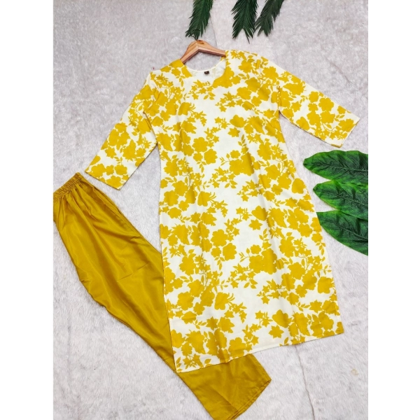 Dropship Women's Rayon Printed Round Neck 3-4th Sleeve Kurti With Pant Set (Yellow)