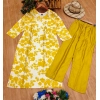Dropship Women's Rayon Printed Round Neck 3-4th Sleeve Kurti With Pant Set (Yellow)