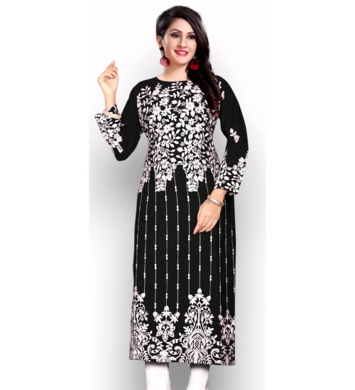 Women's Georgette Printed Round Neck 3-4 th Sleeve Kurti (Black)