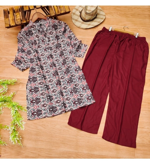 Women's Muslin Printed Mandarin Collar 3-4th Sleeve Kurti With Pant Set (Red Grey)