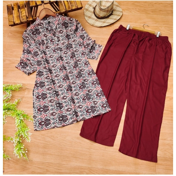 Dropship Women's Muslin Printed Mandarin Collar 3-4th Sleeve Kurti With Pant Set (Red Grey)