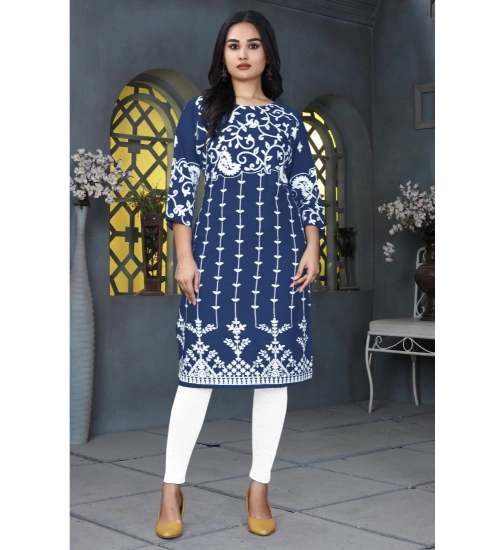 Women's Rayon Printed Round Neck 3-4th Sleeve Kurti (Blue)