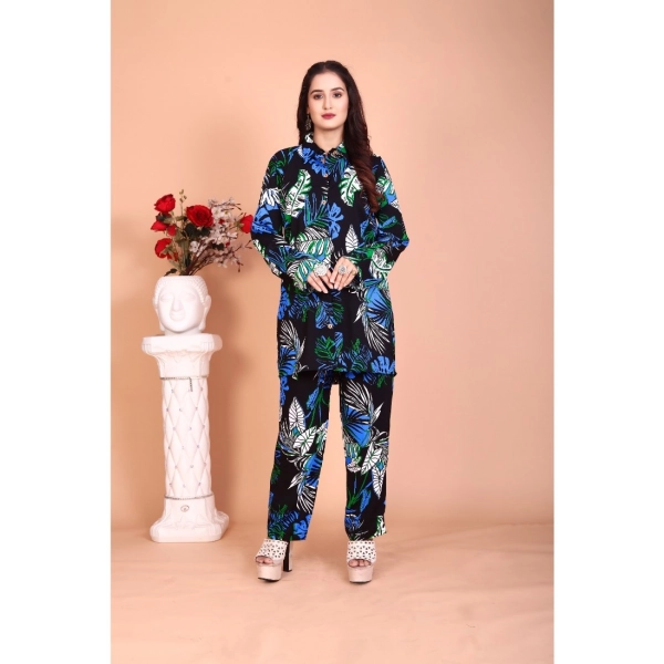 Dropship Women's Rayon Printed Mandarin Collar Full Sleeve Co Ord Set (Black)