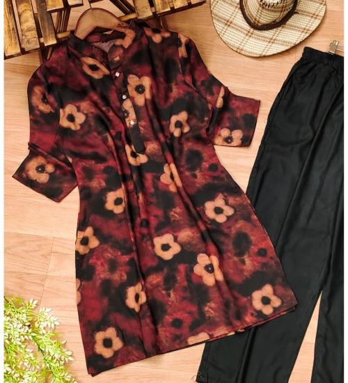 Women's Muslin Printed Mandarin Collar 3-4 th Sleeve Kurti With Pant Set (Black)