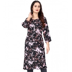 Women's Rayon Printed Round Neck 3-4 th Sleeve Kurti (Black)